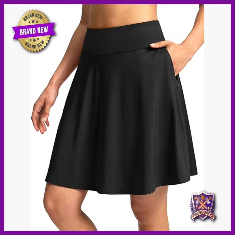 Knee Length Athletic Skort with 4 Pockets High Waisted Tennis Golf Skirt